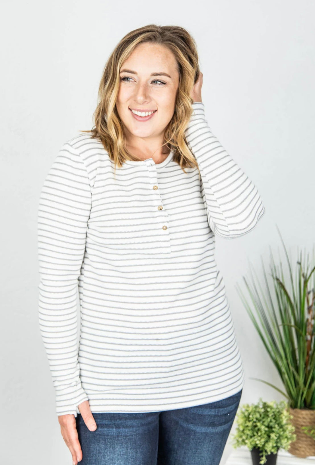 White long sleeve Henley with gray stripes