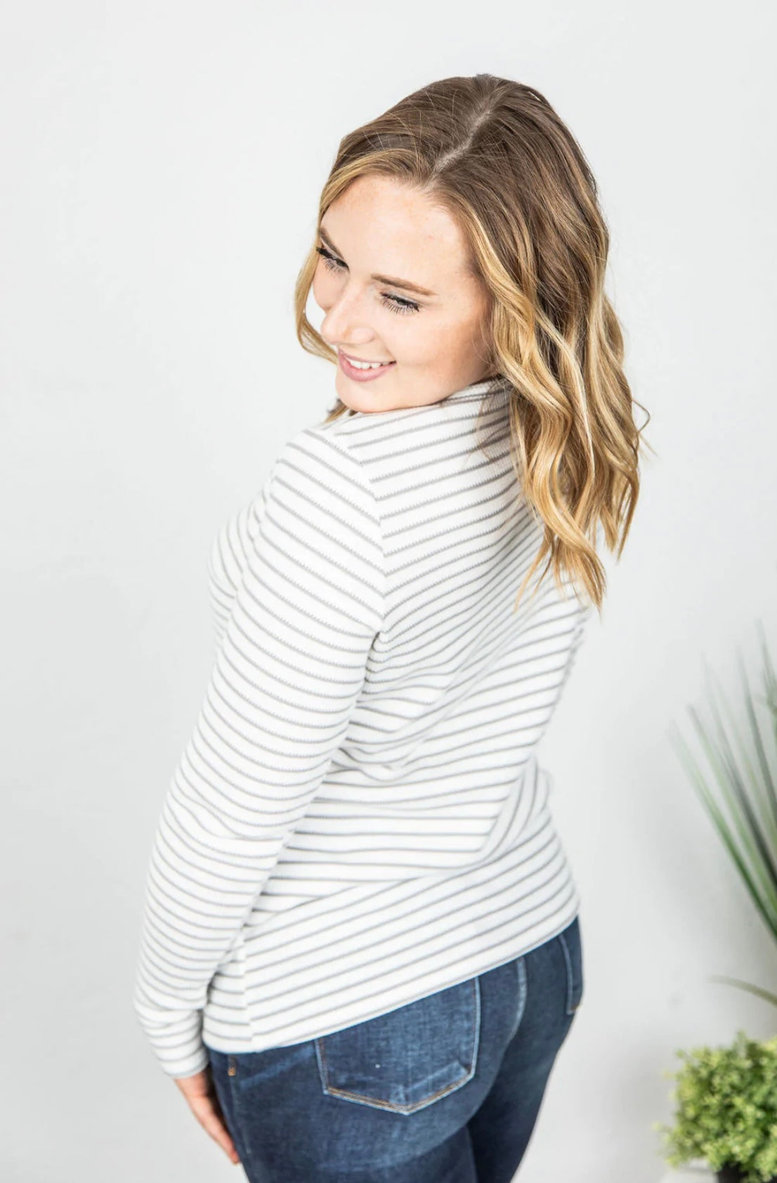White long sleeve Henley with gray stripes